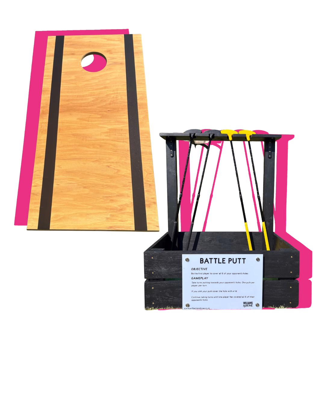 Handcrafted Cornhole and Battle Putt garden games by Williams & Rose, available for hire across Norfolk, Suffolk and East Anglia.
