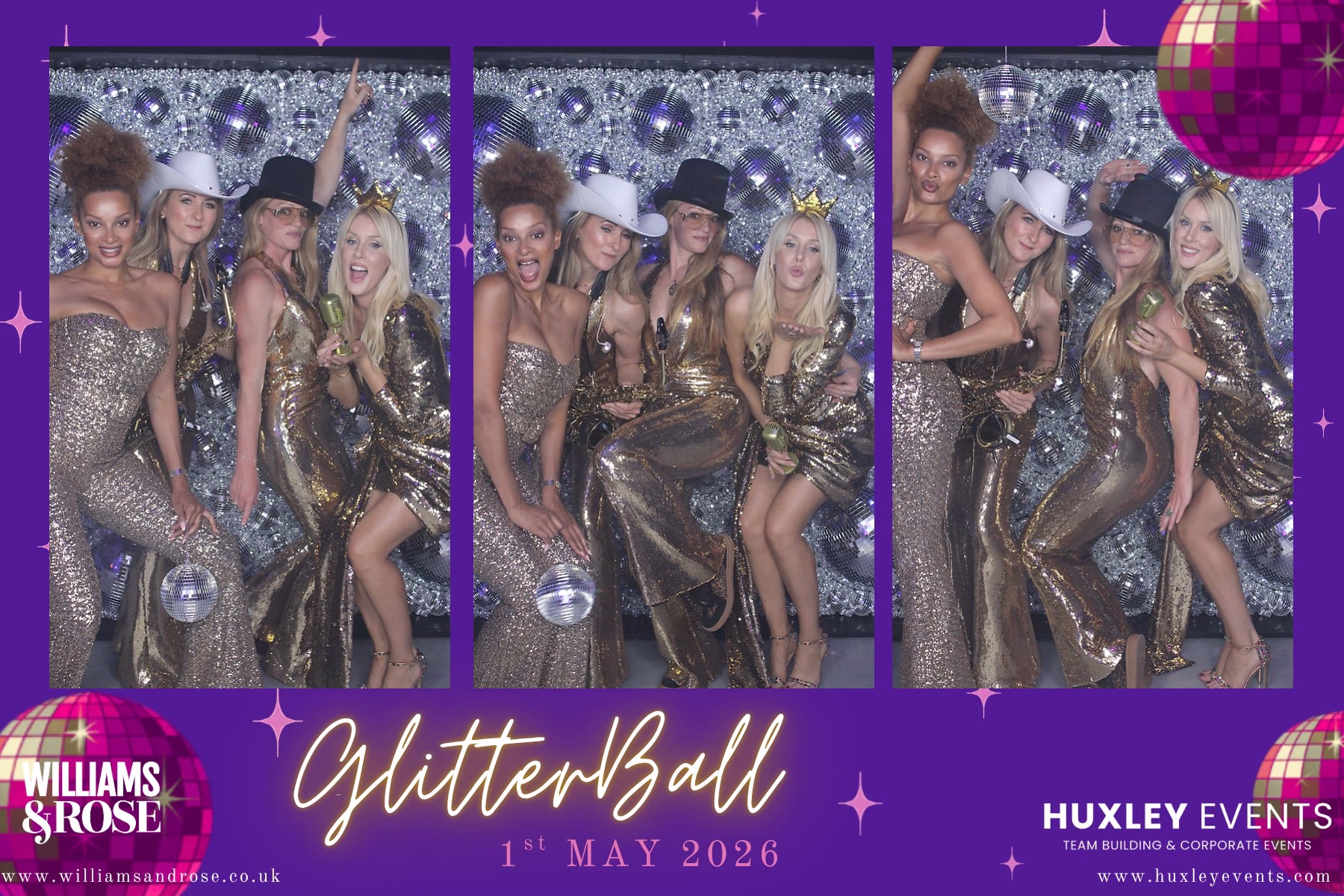 Guests posing with the Mirror Booth and Disco Ball Wall at a glitter ball charity event in Norfolk.