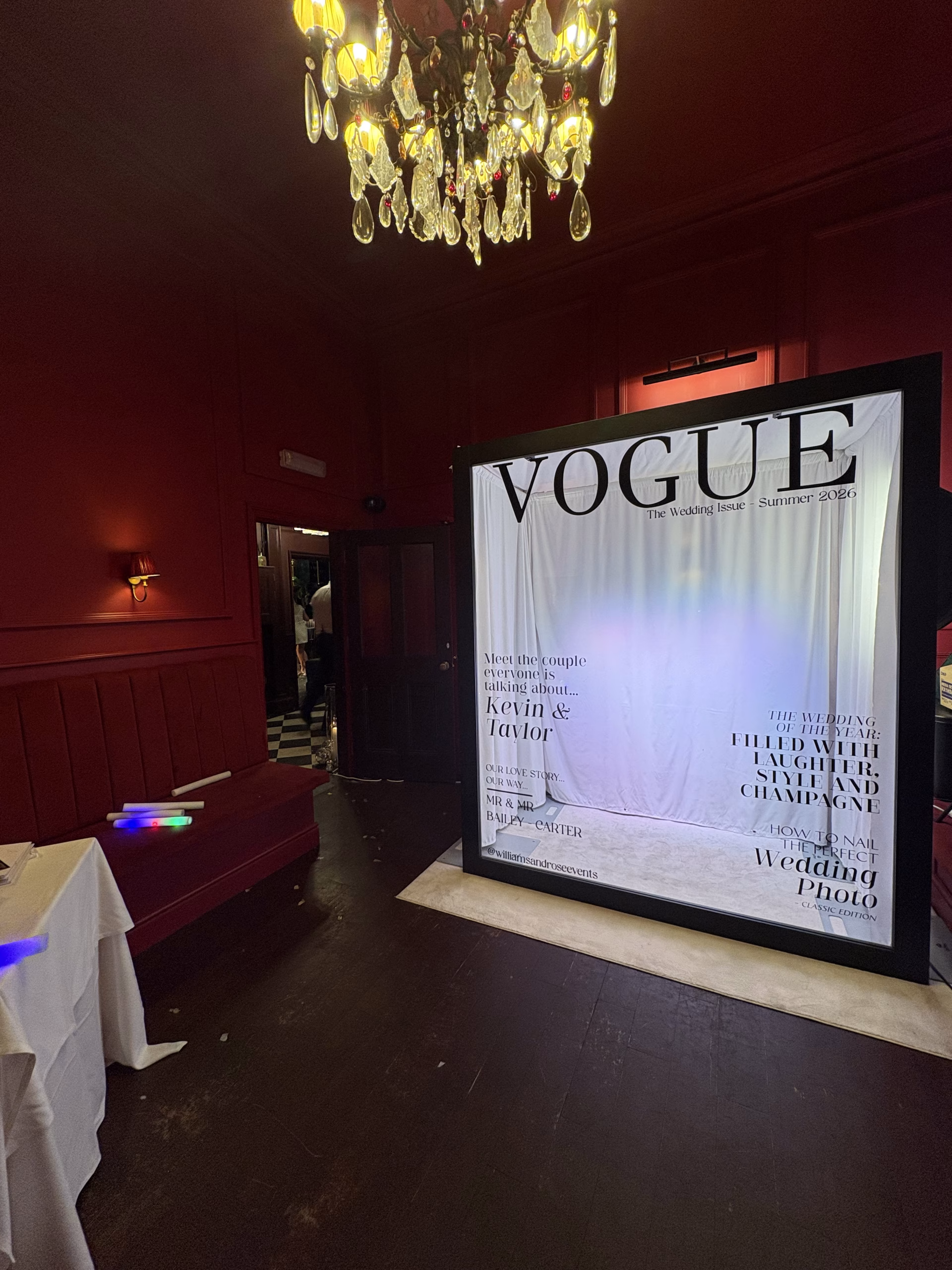 Luxury vouge-style Magazine Cover Photo Booth hire by Williams & Rose at Olivers in Kent, showcasing a personalised wedding photo booth experience.
