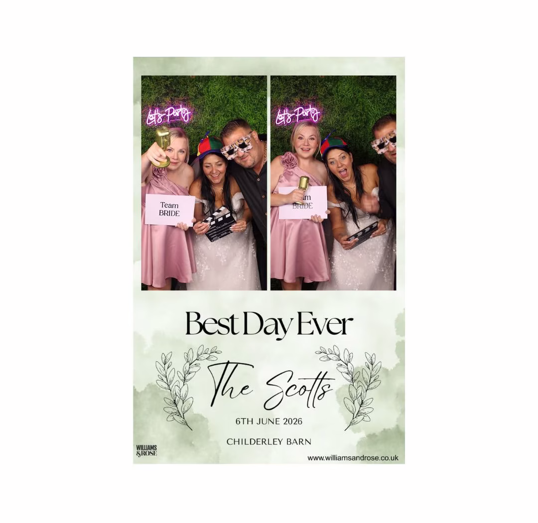 Magic Mirror Booth Customised Printout from Wedding at Childerley Barn in Cambridgeshire, Pastel greens watercolour background with personalised text and two photos from the magic mirror photo booth