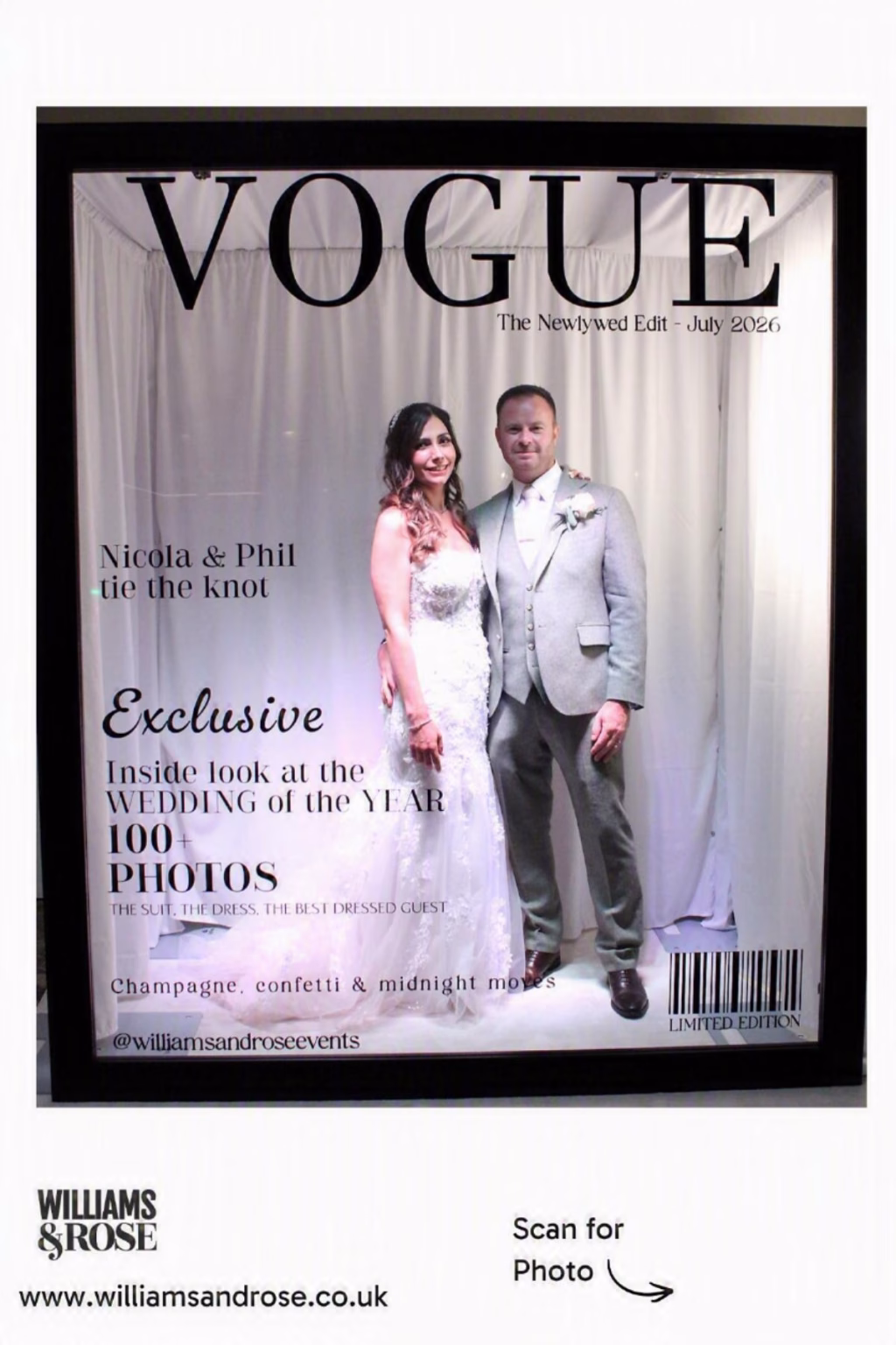 Couple posing inside a personalised Magazine Photo Booth with custom magazine cover artwork.