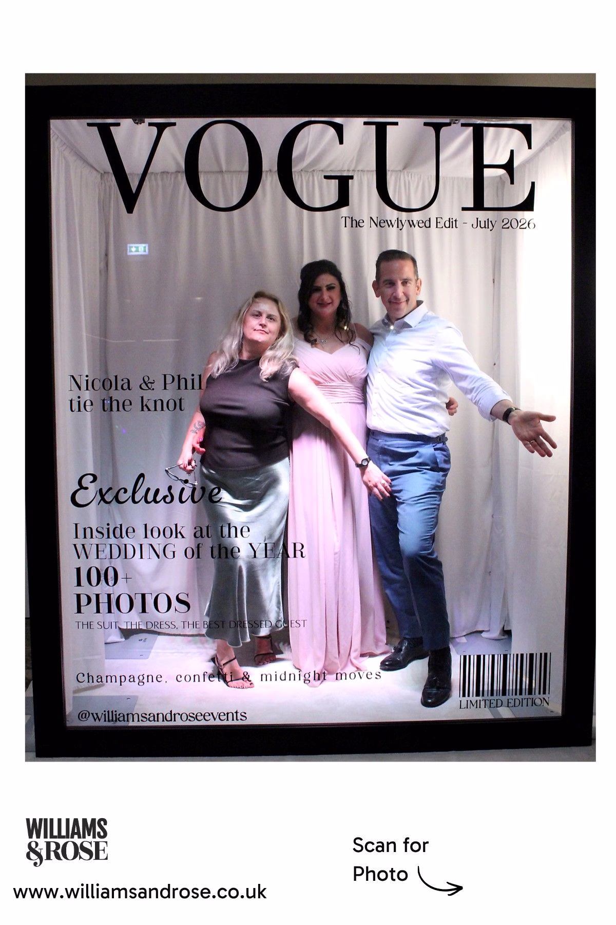 Three wedding guests posing together inside the personalised Magazine Booth.