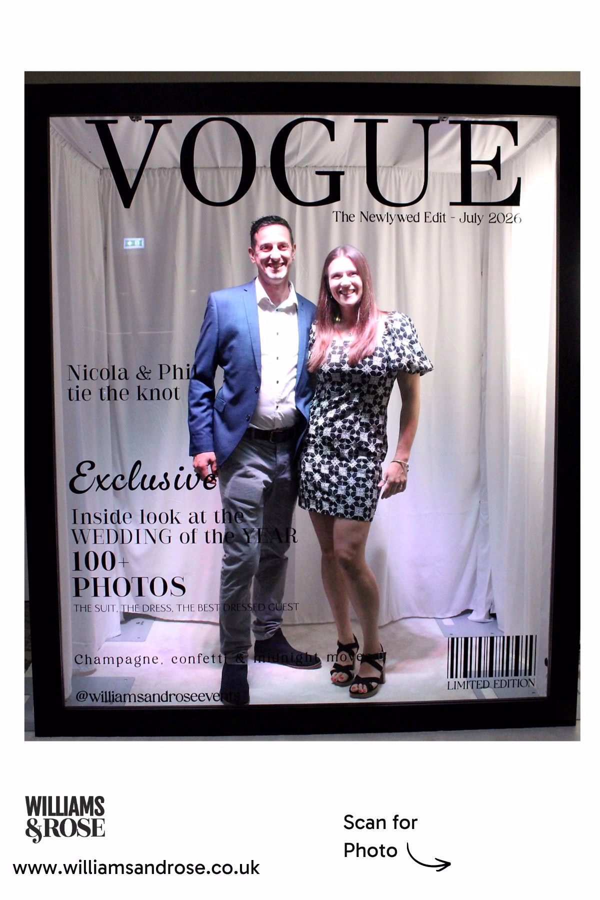 Two guests smiling for a portrait inside the personalised Magazine Booth.