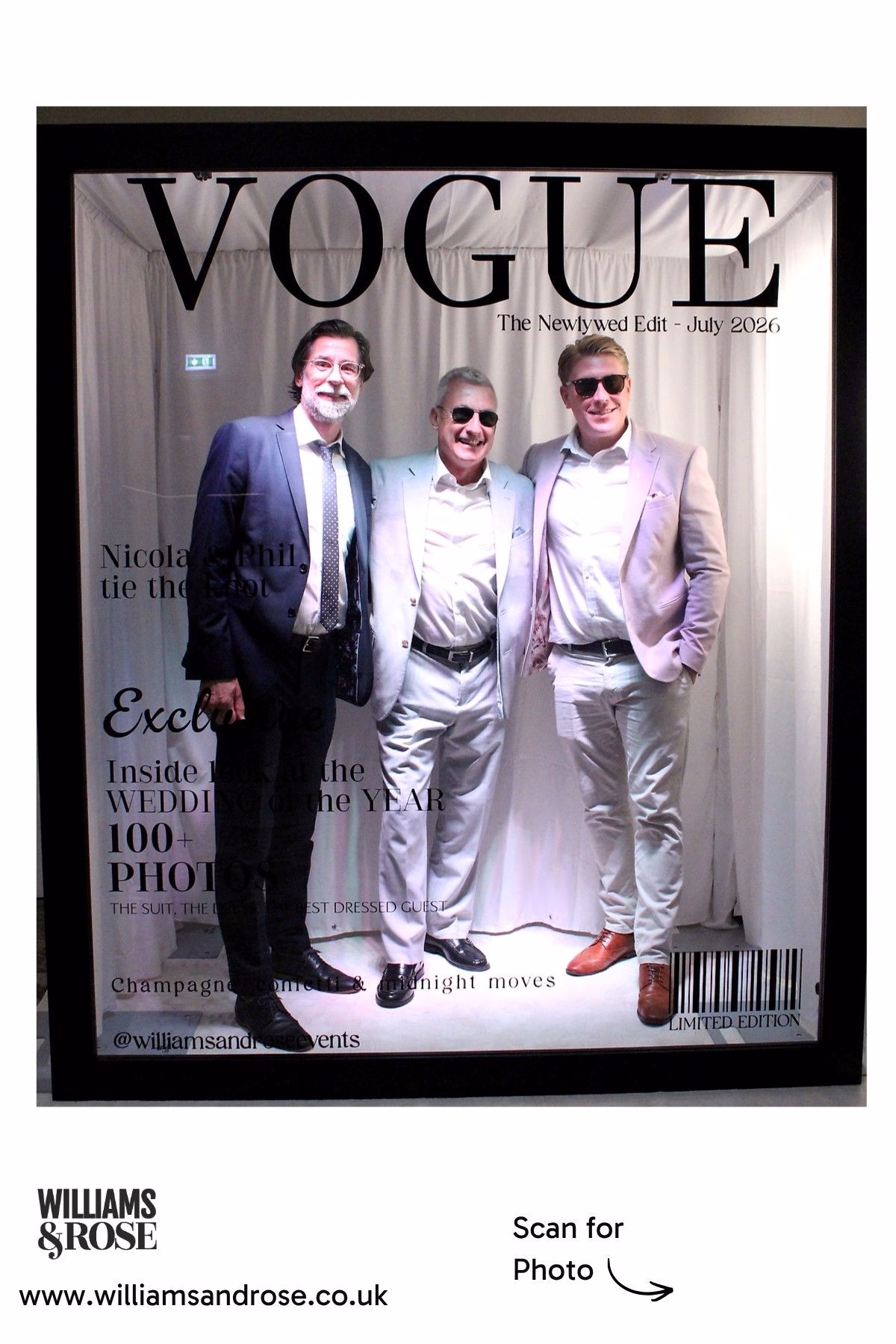 Three male wedding guests posing together inside the Magazine Photo Booth.