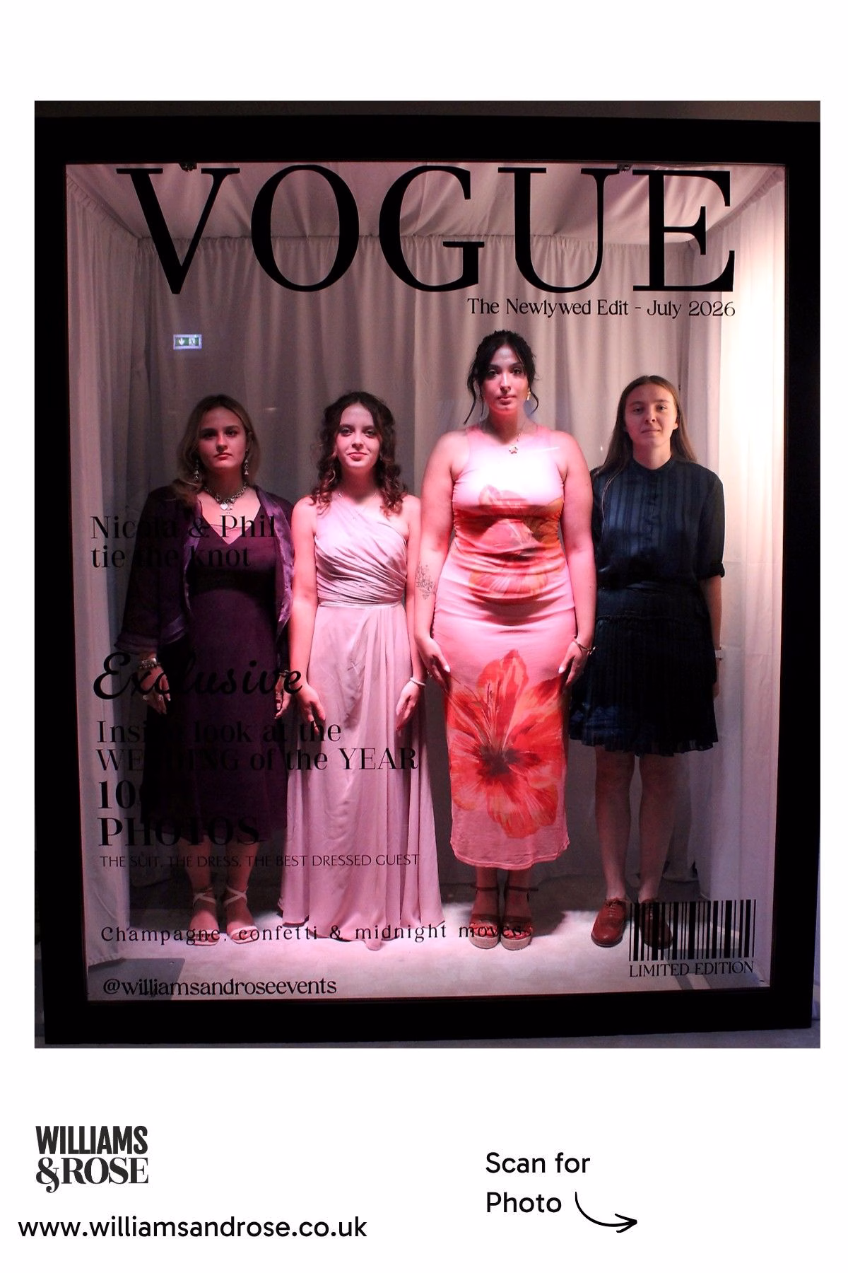 Four wedding guests posing inside a personalised Magazine Photo Booth.