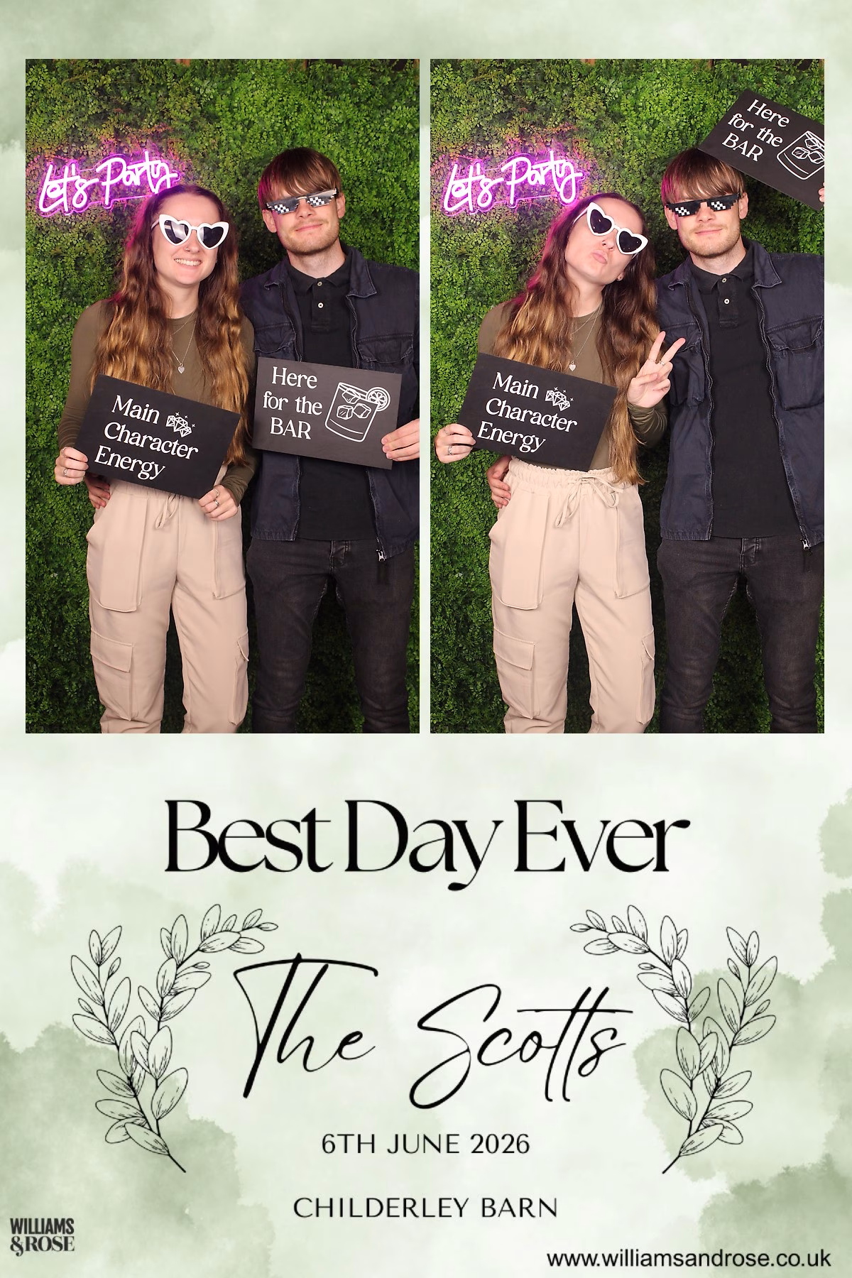 Personalised double photo strip of wedding guests from the Mirror Booth at Childerley Barn.