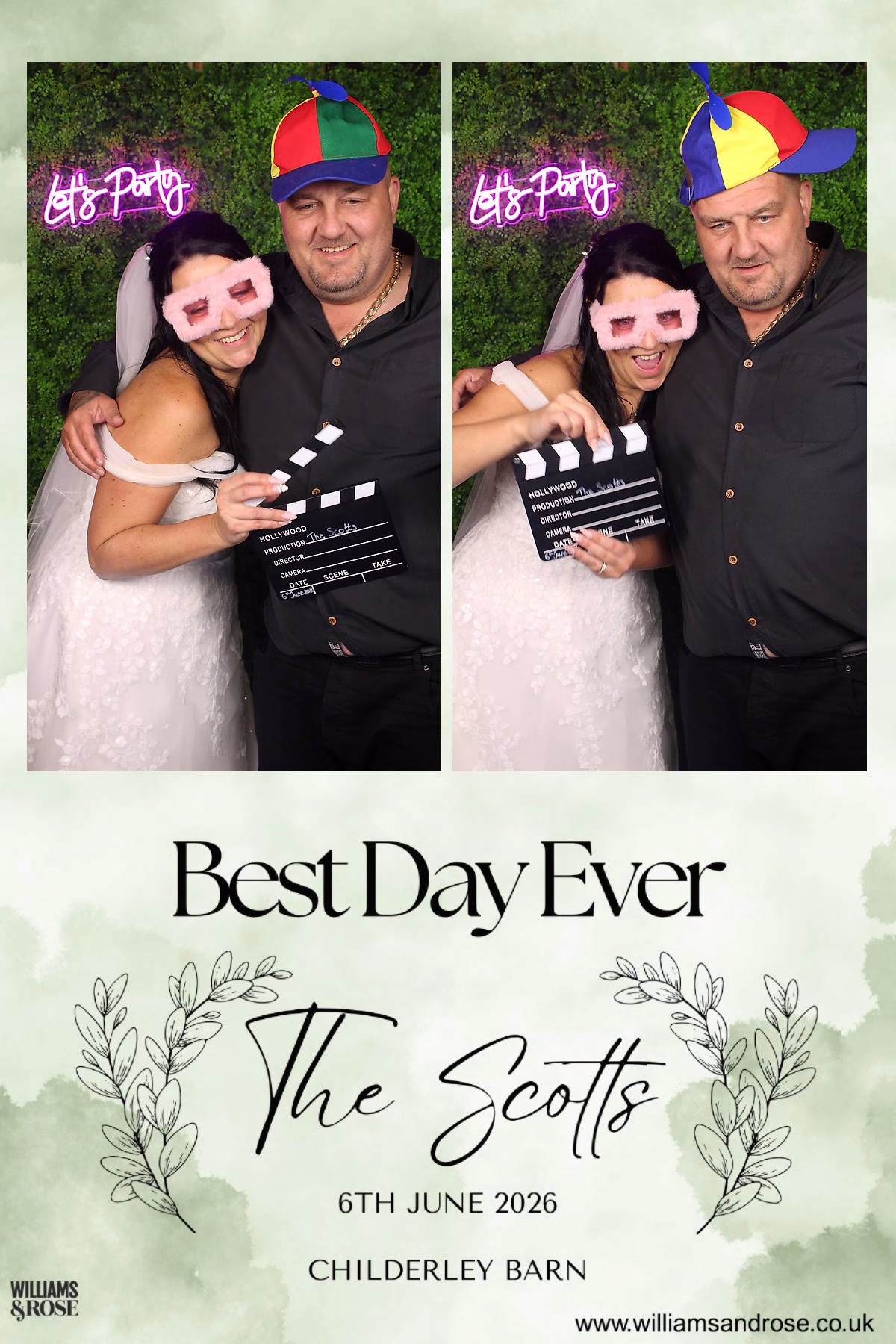 Wedding guest posing with a photo booth prop in front of the Fern Wall backdrop.
