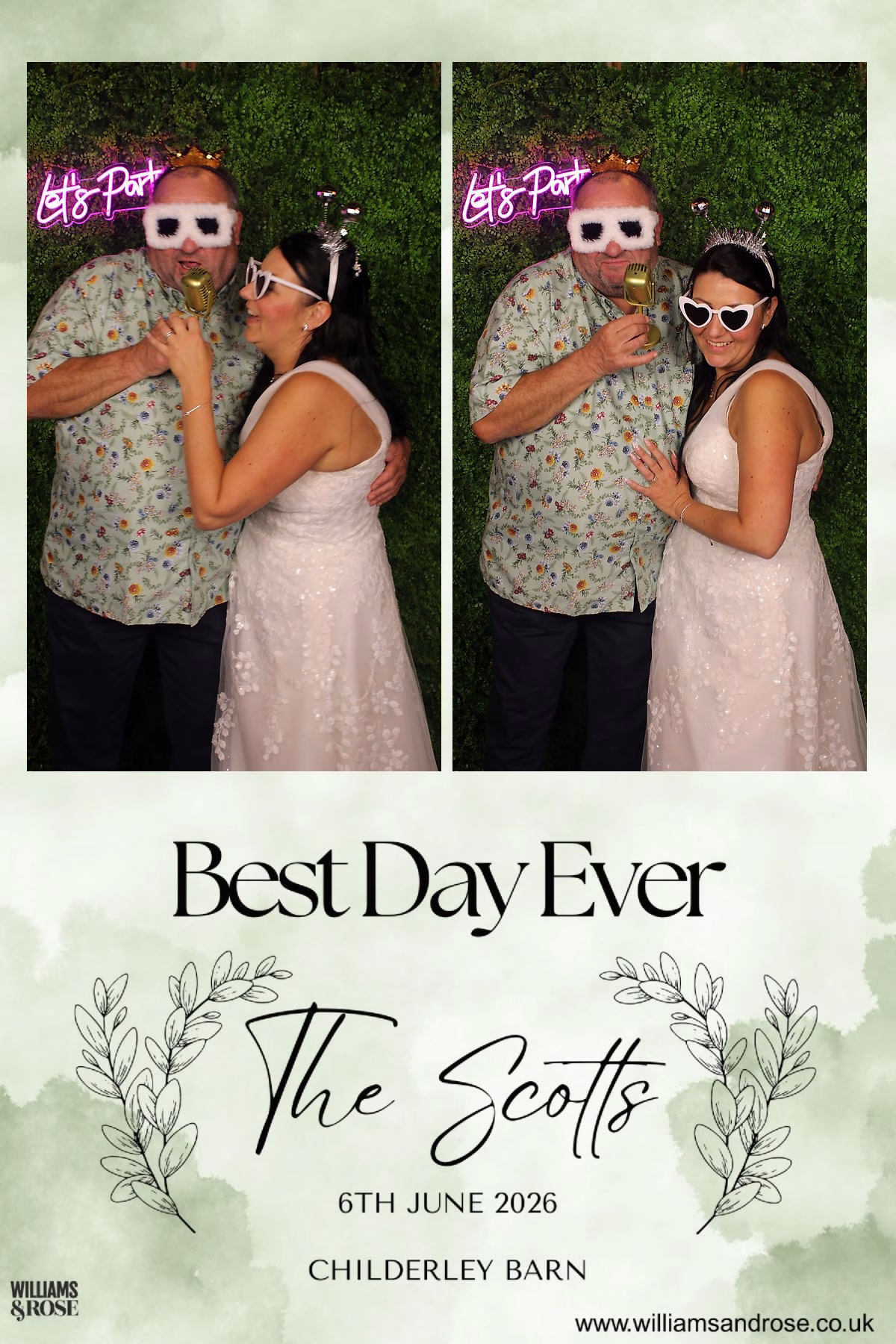 Personalised photo booth print showing two guests from the Childerley Barn wedding.
