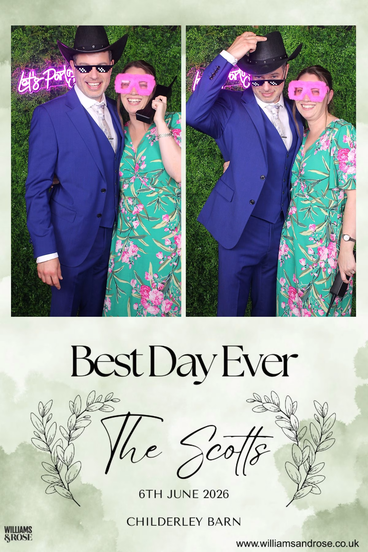 Personalised photo booth print showing two wedding guests at Childerley Barn.