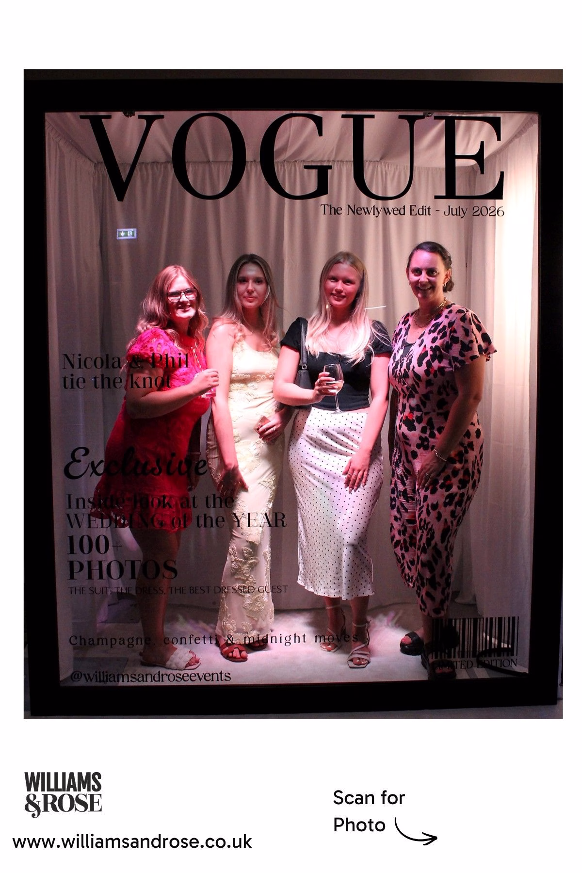 Four guests smiling together inside a personalised Magazine Photo Booth.