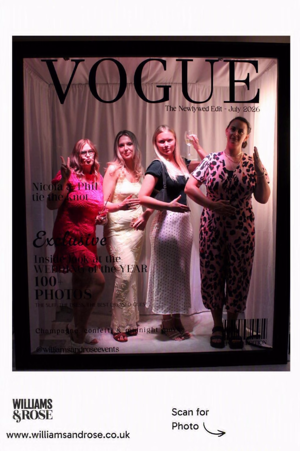 Group of guests posing together inside the Williams & Rose Magazine Photo Booth.