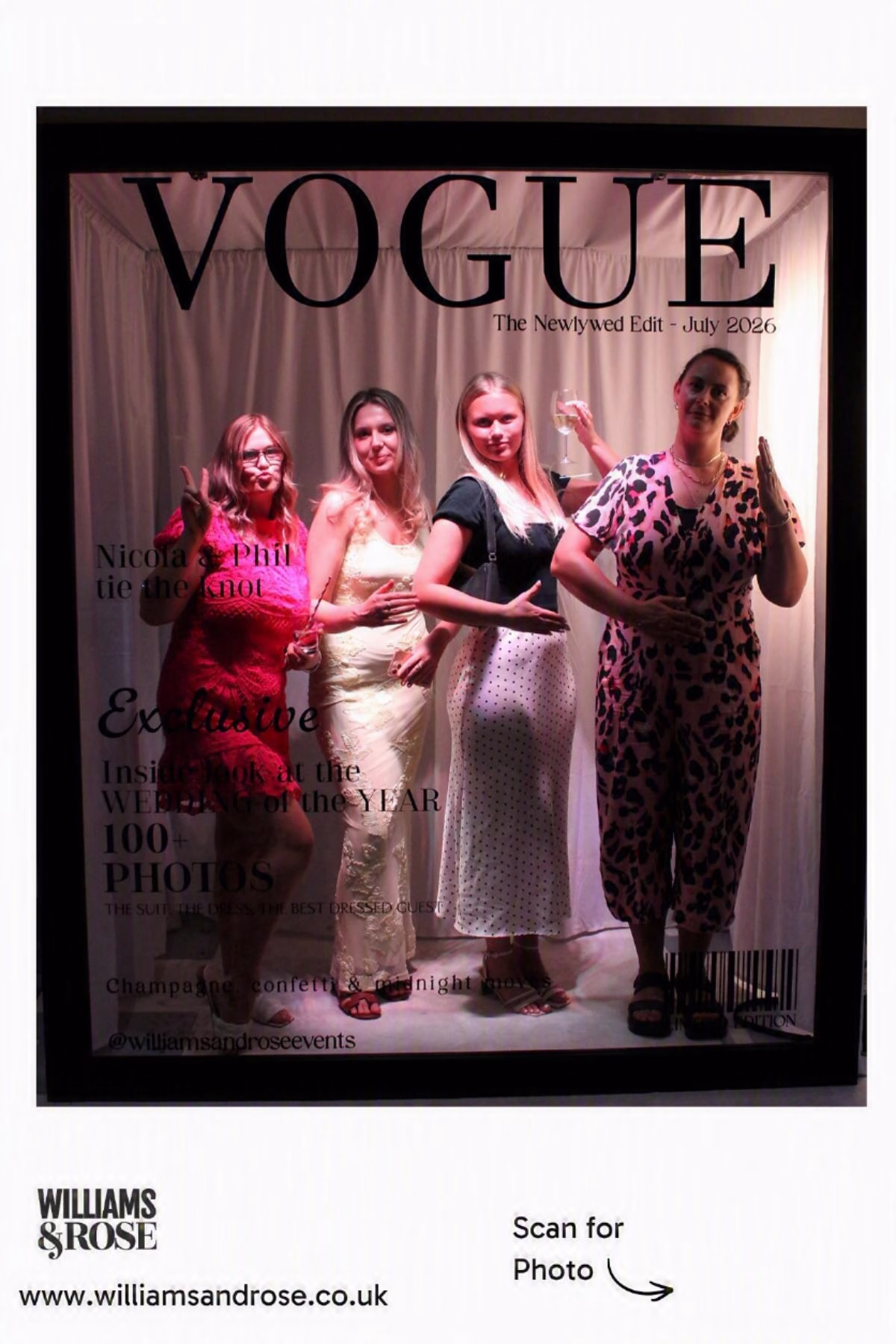 Group of guests posing together inside the Williams & Rose Magazine Photo Booth.