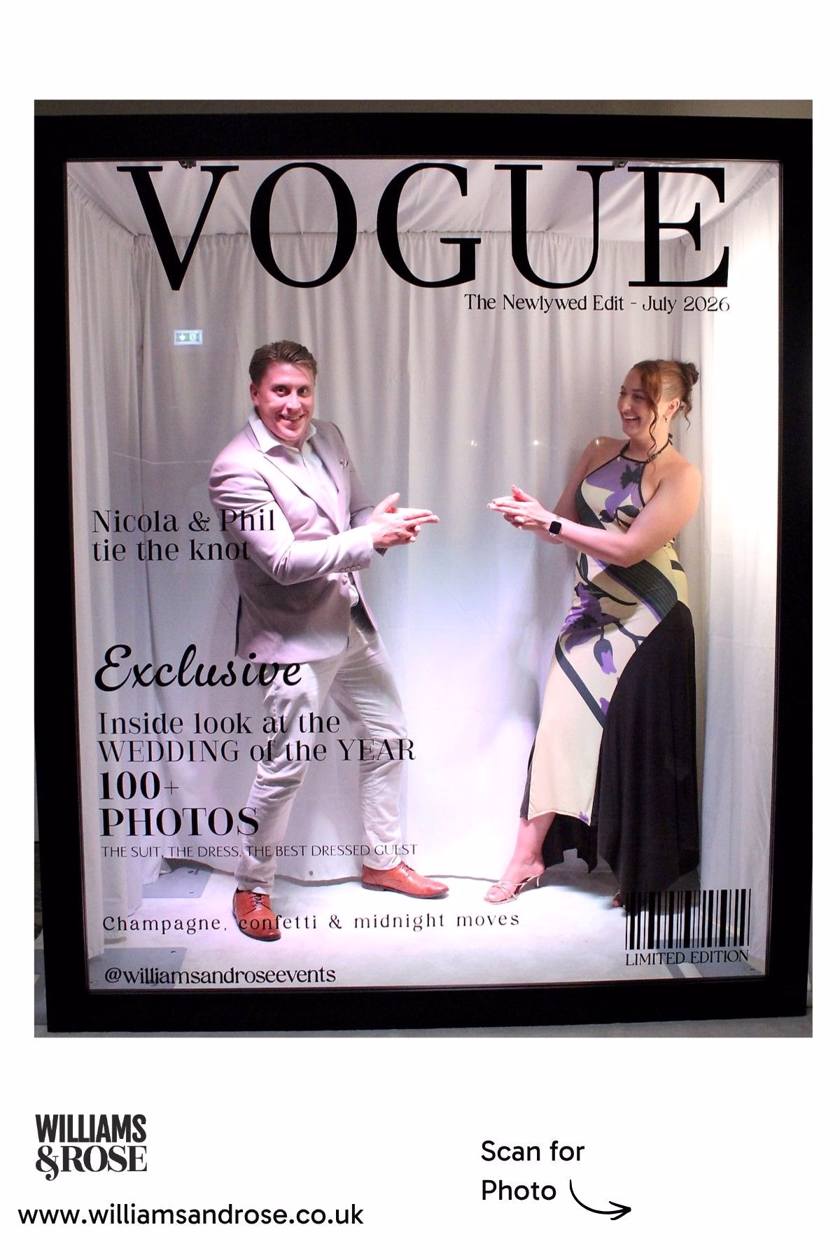 Two guests posing playfully inside a personalised Magazine Photo Booth.