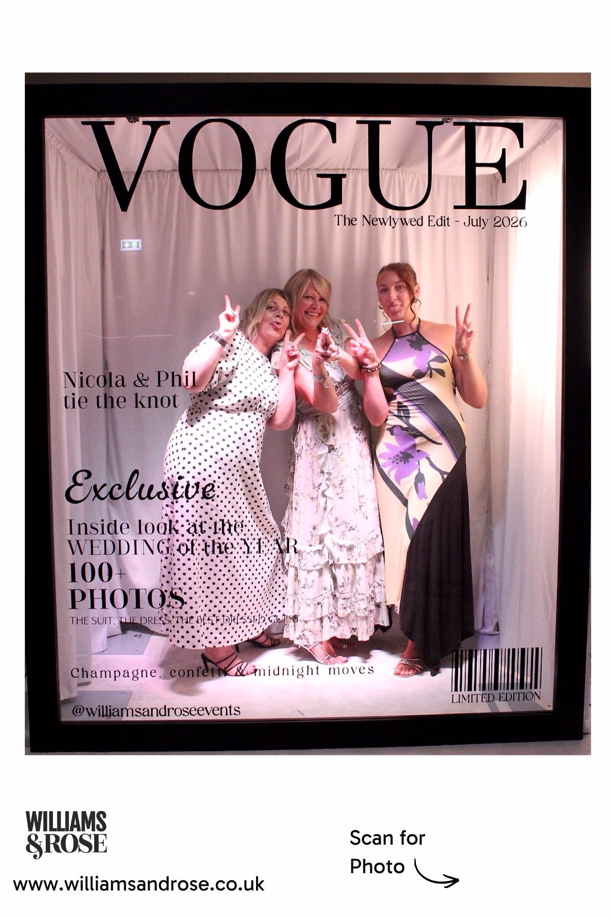 Three guests posing together inside the Magazine Photo Booth at a wedding reception.