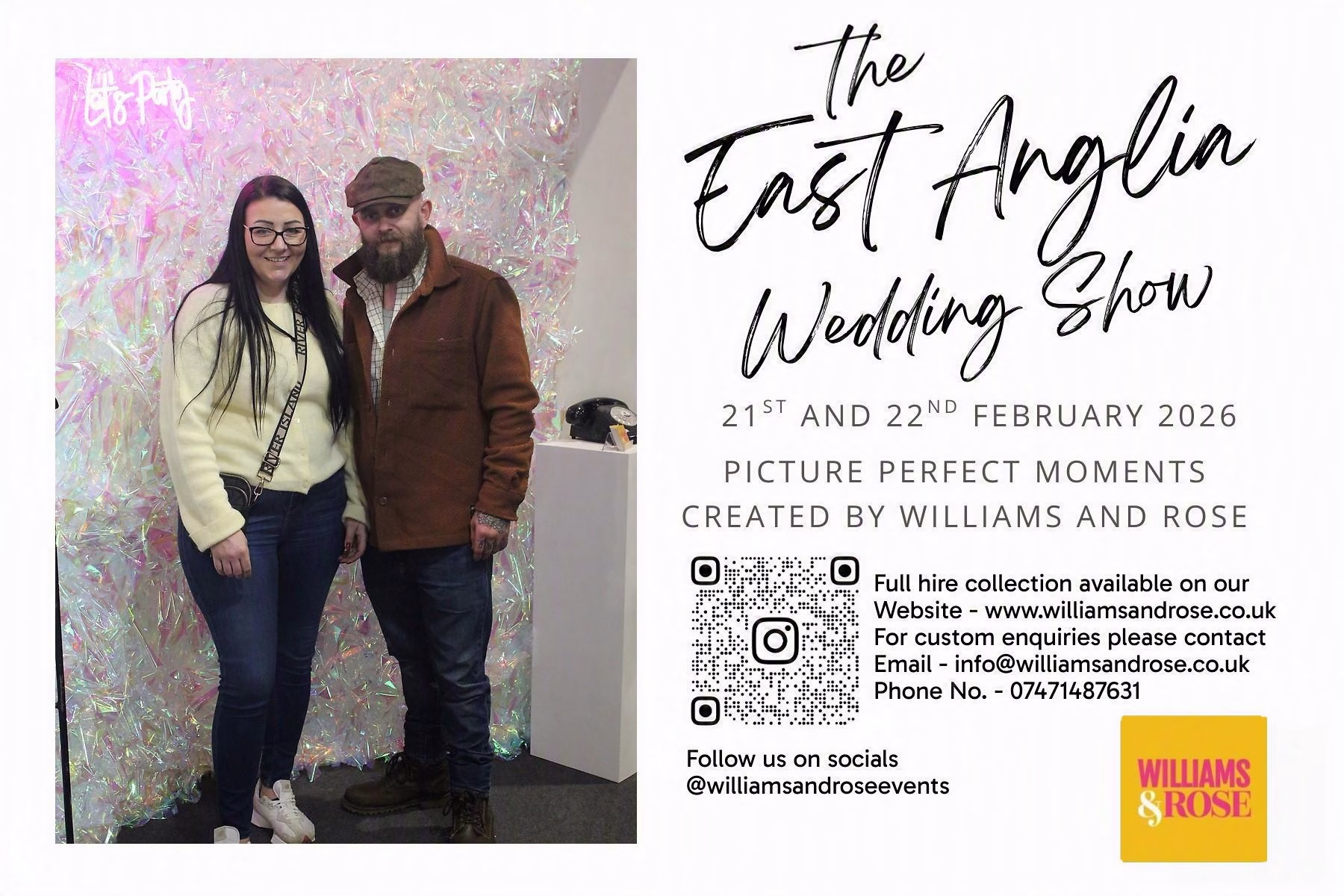 print out from the mirror booth at the East Anglia Wedding Show Feb26 one image on the left of the couple at the show infrom of the holographic wall.
